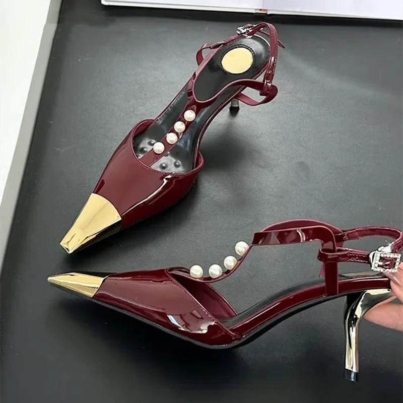 Sexy Metal Pointed Toe Stiletto Sandal Women Luxury Pearls Strap Buckle Designer High Heels Party Prom Shoes Summer Women Pumps