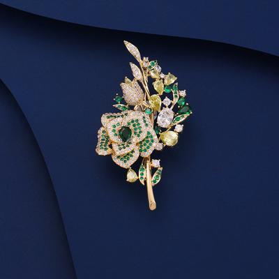 Popular Women's Luxurious Brooch, Flower Colored Zircon Micro Inlaid Dinner Dress Accessories Rose Flower Accessories Pins