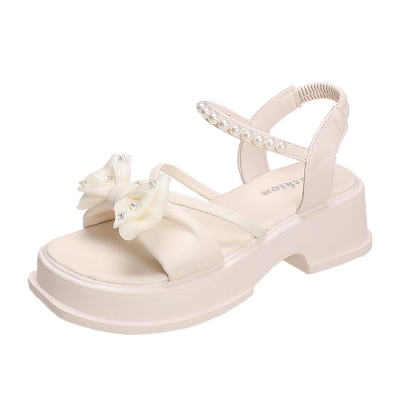 High-heeled sandals women's 2025 new summer bow fairy wind platform pearl one-word belt fashion Roman women's shoes