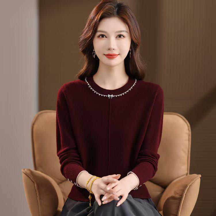 

Светр з бісером з чистої вовни на осінь/зиму 2025 – Довгий рукав, Круглий виріз, Теплий та зручний 2XL вина червоного кольору