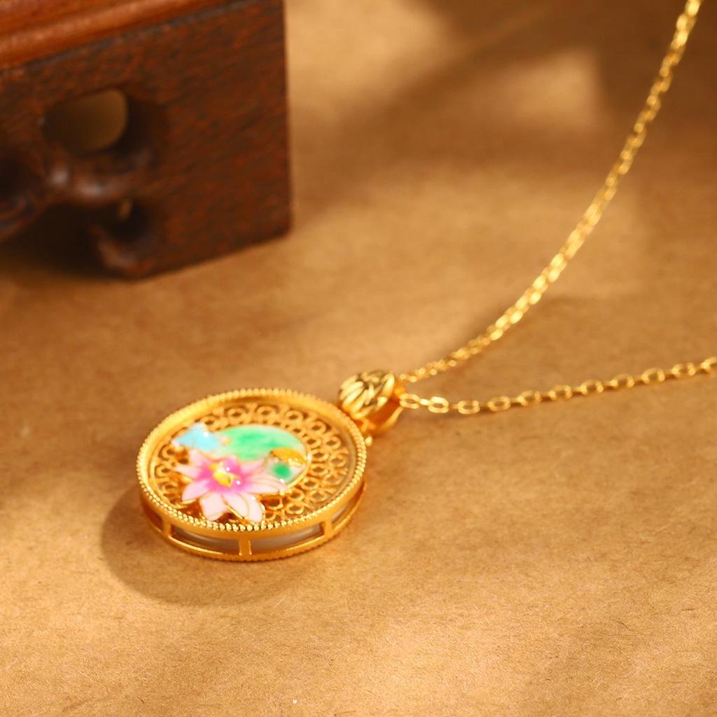 Chinese Lotus Enamel Pendant Necklace: Vintage Style, Hollow Design, Clavicle Chain, High-End.