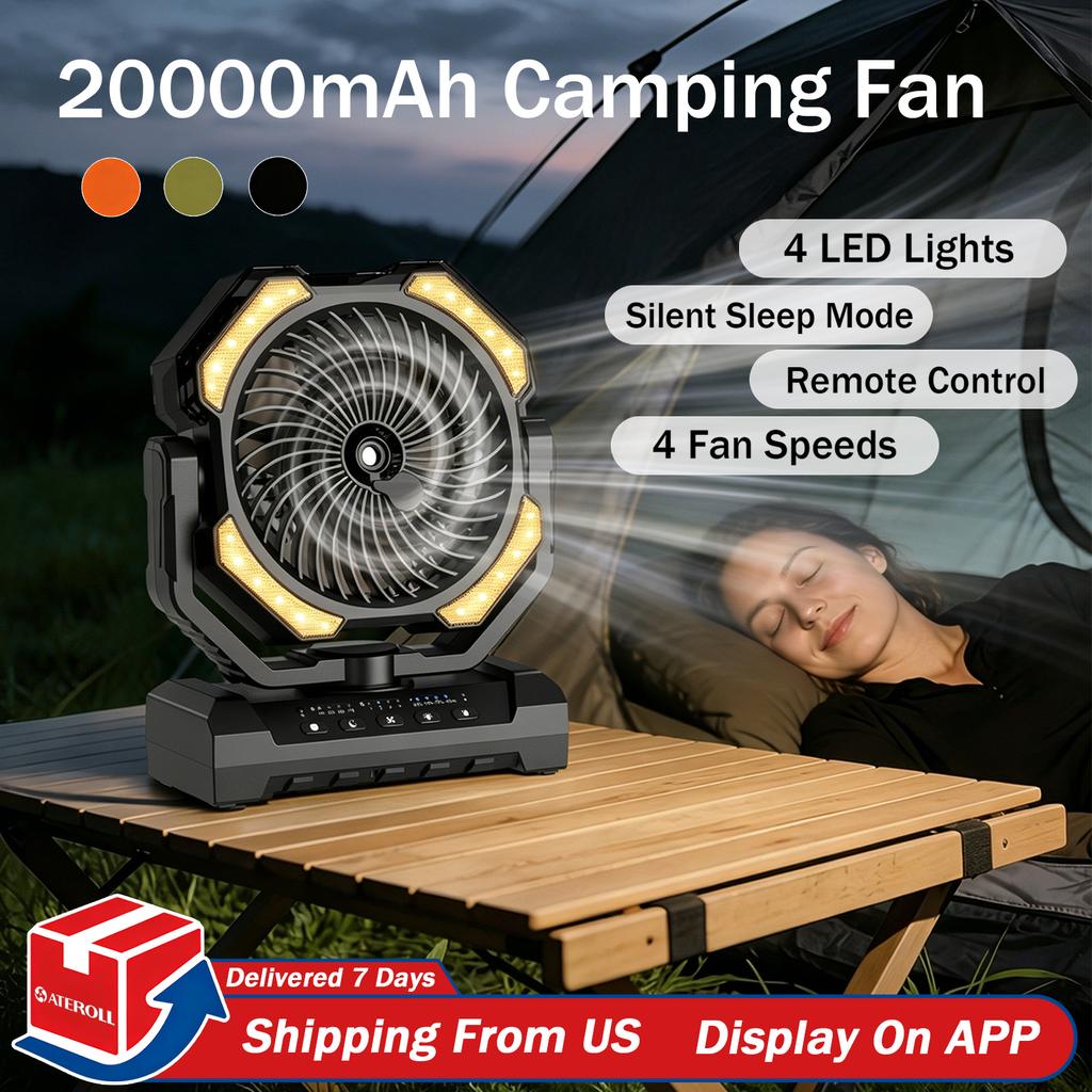 20000mAh Camping Fan Battery Operated Industrial Style Fan 4 LED & 4 Speeds Desk Fan Remote Rechargeable Outdoor Fans for Tent