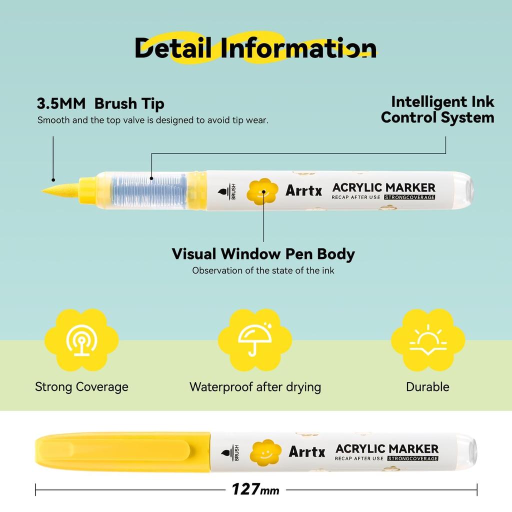 Arrtx Akryl 36 Penselpenn for Mineral- og Hobbymarkører, Farger, Direktefylltype, Vannbestandig, Maling, Glass, Tre, Stein, Keramikk, Stoff,