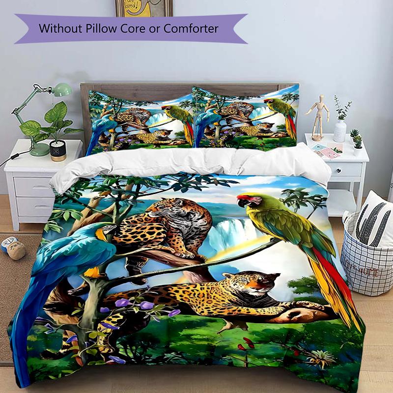 3pcs Anime Leopard & Parrot Bedding Set, Includes One Quilt Cover and Two Pillowcases (No Core), Polyester Fabric