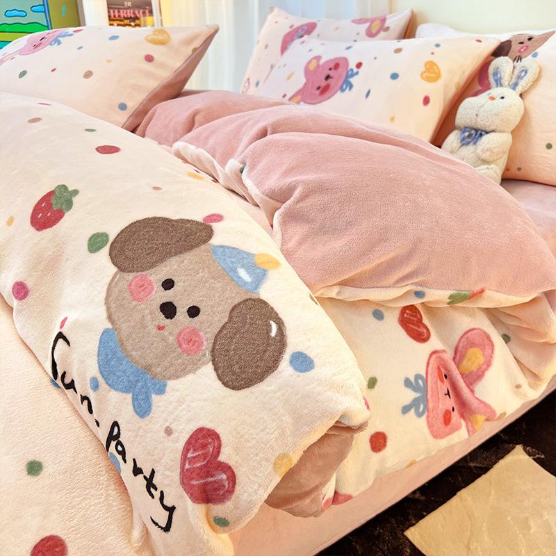 Thickened Milk Fleece Four-Piece Set Double-Sided Fleece Coral Fleece Quilt Cover Sheet Three-Piece Set