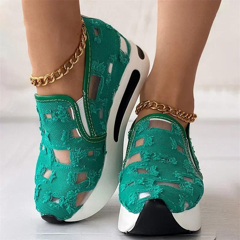 Women Sneakers 2024 Platform Wedge Embroidery Mesh Sneakers Women Slip On Casual Comfy Heeled Shoes for Women Zapatos De Mujer
