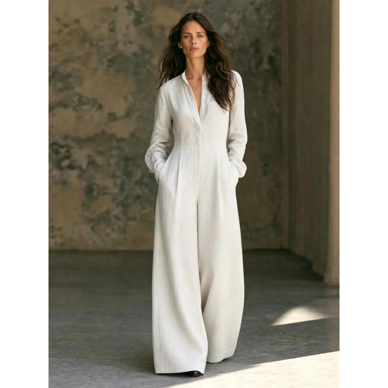 Womens V-Neck Long Sleeve Linen Jumpsuit Loose Wide Leg Casual Overall 2026 Fall Collection
