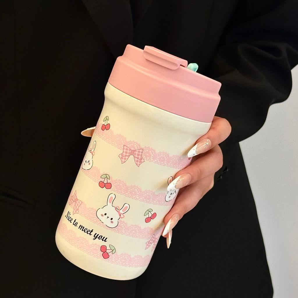 Tecknad söt kaffetermosmugg 316 rostfritt stål medföljande dubbel drickhalmsmugg utomhus bärbar vattenkopp med stor kapacitet