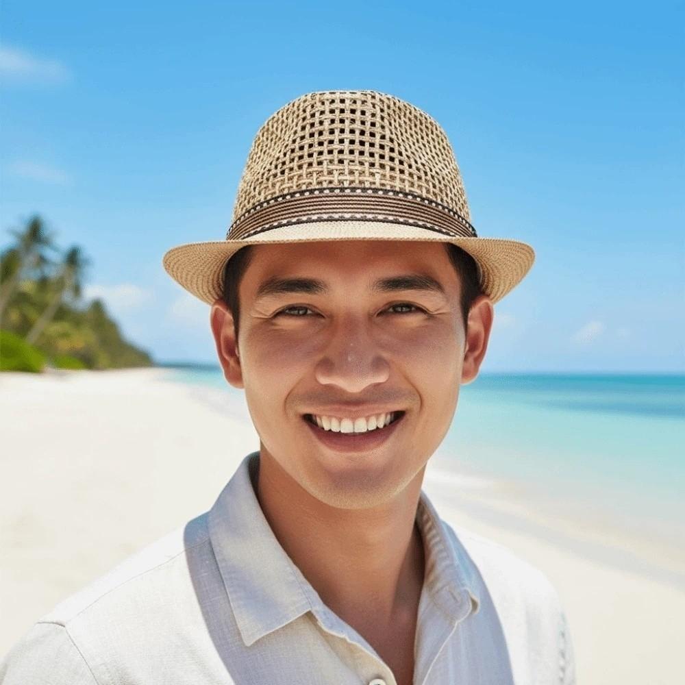 Short Brim Woven Straw Hat Breathable Vacation Beach Cap Sun Cap Men Panama Hat Summer