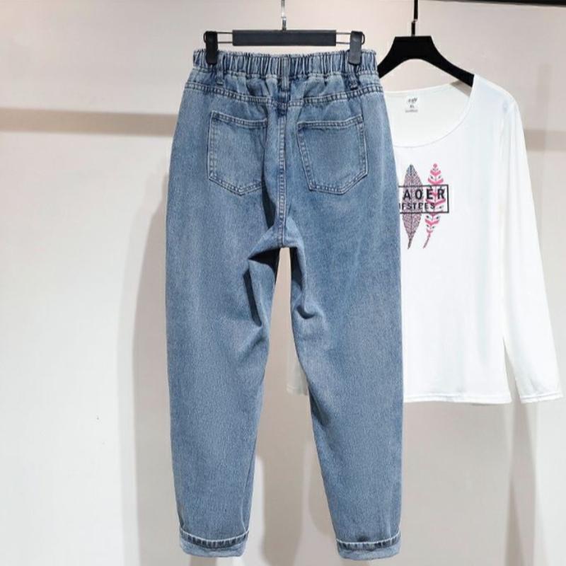 Damen Übergröße Locker Gerade Bein Jeans Elastischer Bund Baggy Dad Hosen für Große Oberschenkel