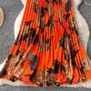 Spring Summer Women Elegant Vintage Print Elastic Waist Long Maxi Pleated Skirt Only Have One Size