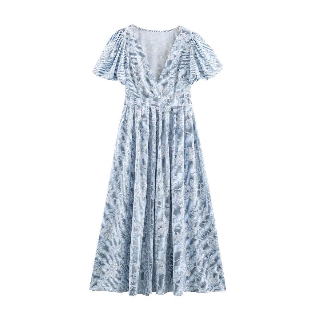 Summer European and American women's clothing V-neck waist bubble sleeve short-sleeved dress