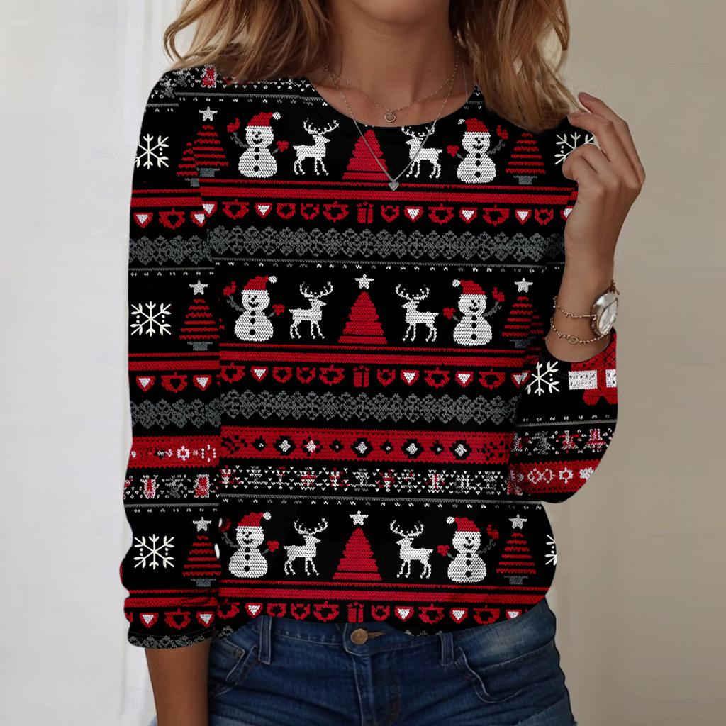 Women's Fashion Casual Long Sleeve Christmas Printed Round Neck Top
