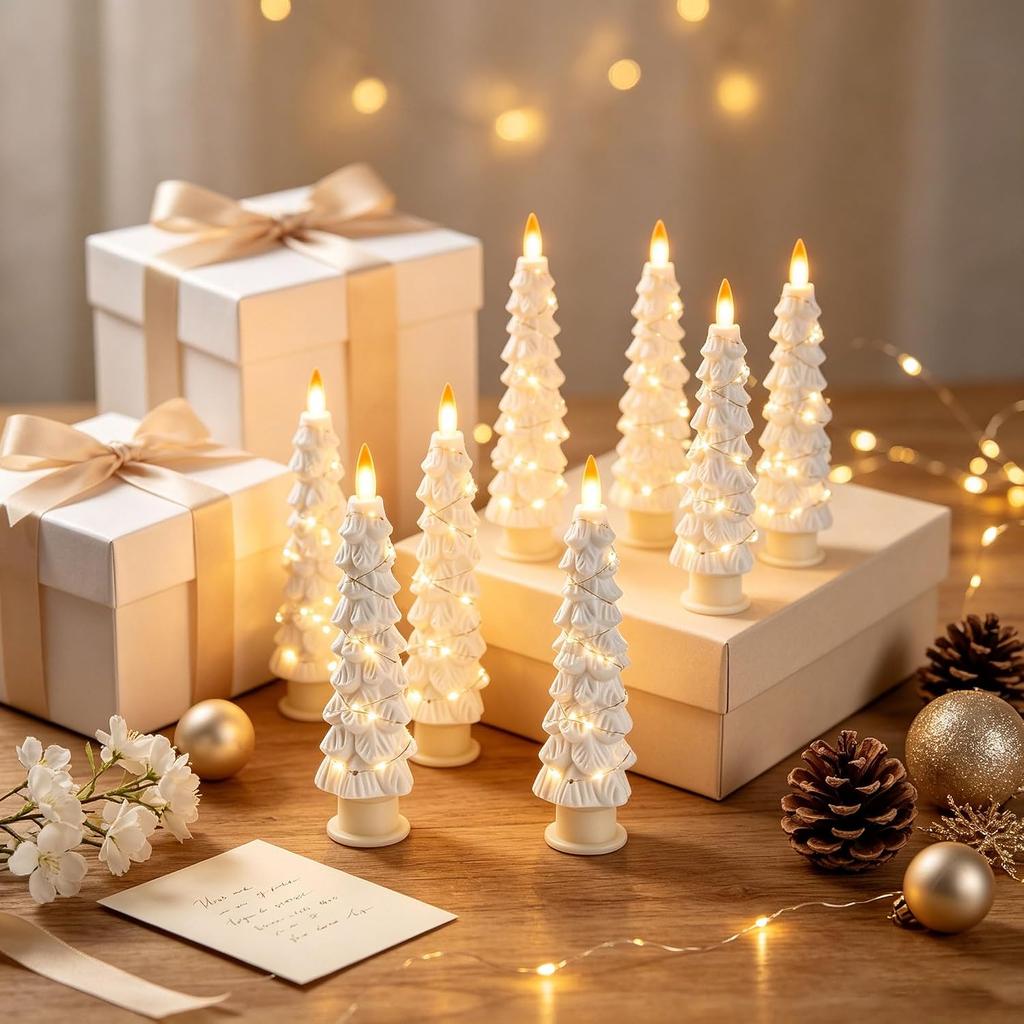 Pack of 2 Christmas Tree LED Taper Candles, Flameless Candles, Realistic Flame Effect, Battery Operated with Remote Control for Christmas Decoration