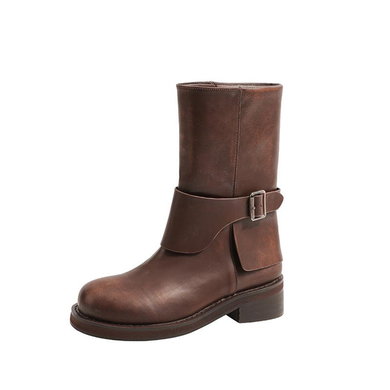 Leather Belt Buckle Straight Boots Small Thick-soled British Retro Martin Boots Western Boots Short Boots Women's Knight Boots