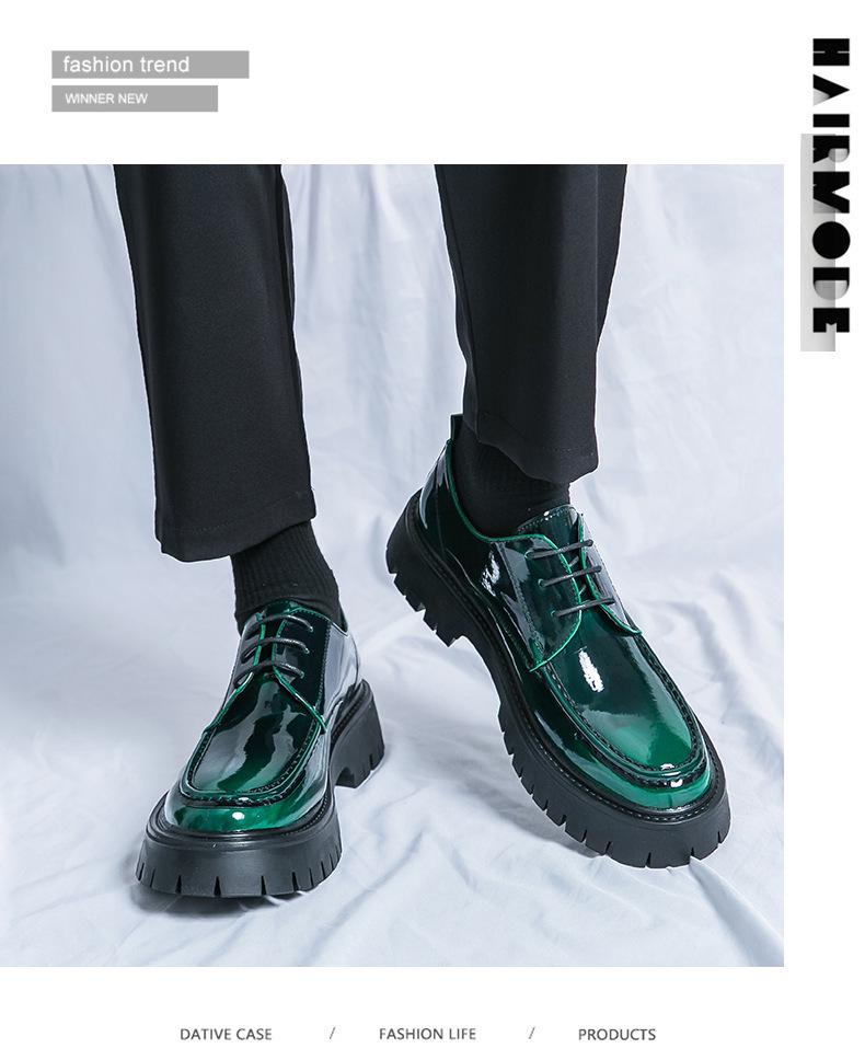 Men's Large Glossy Leather Lace-Up Loafers with Thick Sole and Chunky Heel