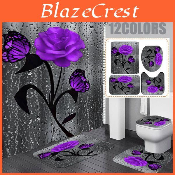Colors Print 12 3d Rose Shower Curtain With Hooks Waterproof Bathroom Curtain Antislip Bath Mat Set Toilet Rugs Carpet Home Decor