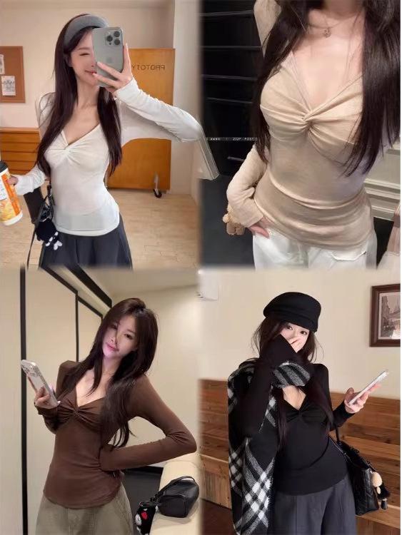 Women's V-neck Twisted Pleated Drop Shoulder Long Sleeve Spring Slimming T-shirt