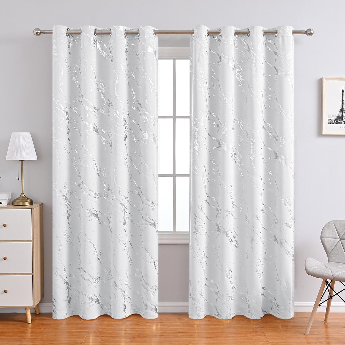 2 STuks Witte Gordijnen met Zilverfolie Bedrukking & Marmerpatronen, Gemaakt van Hoge Precisie 100% Lichtdicht Stof met Ringetjes W100cmxH130cm 2PC&Grommet Top wit