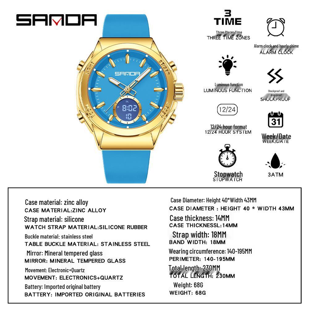 Orologio da donna Sanda Doppio Display: Multifunzionale, Luminoso, Impermeabile, alla Moda, Nuovo Modello con Sveglia e Timer per Studenti.