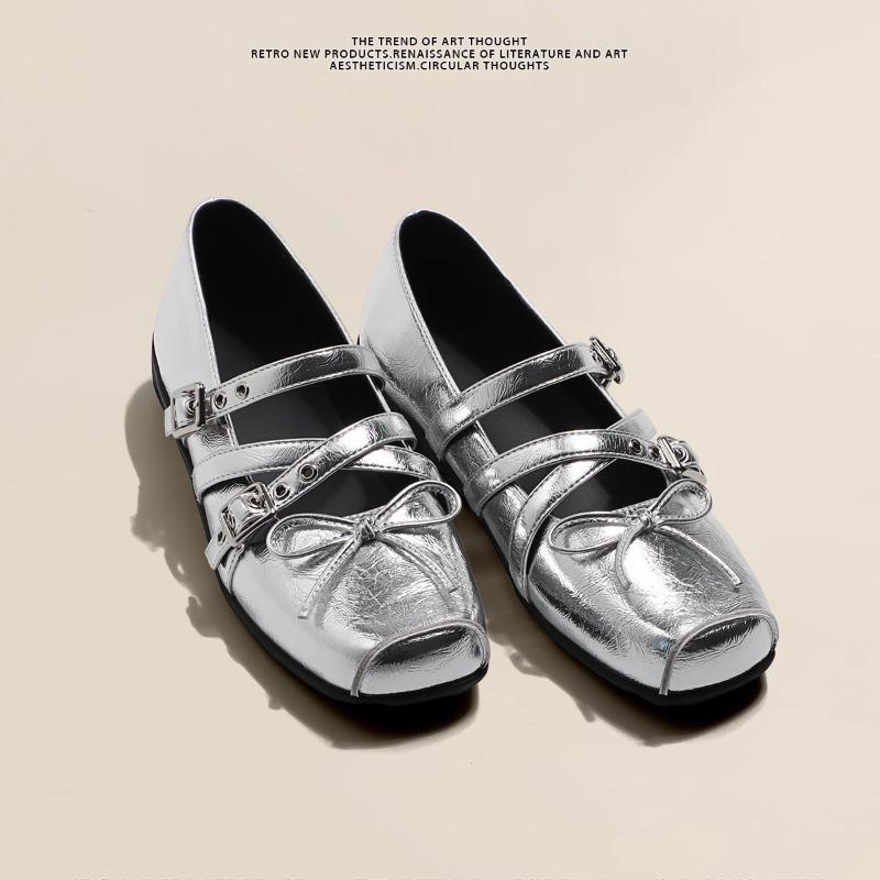 Neue Damen Ballerinas Mode Mary Jane Schuhe Designer Schleife Ballerinas für Damen Eckige Spitze Leder Einzelne Schuhe Zapatos Mujer