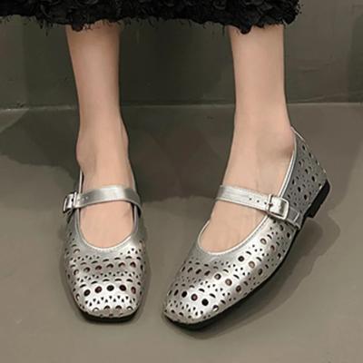 Fashion Ladies Shoes 2024 Buckle Women's Flats Summer Square Toe Hollow Solid Solft Leather Flat Casual Comfortable Office Ladies Shoes