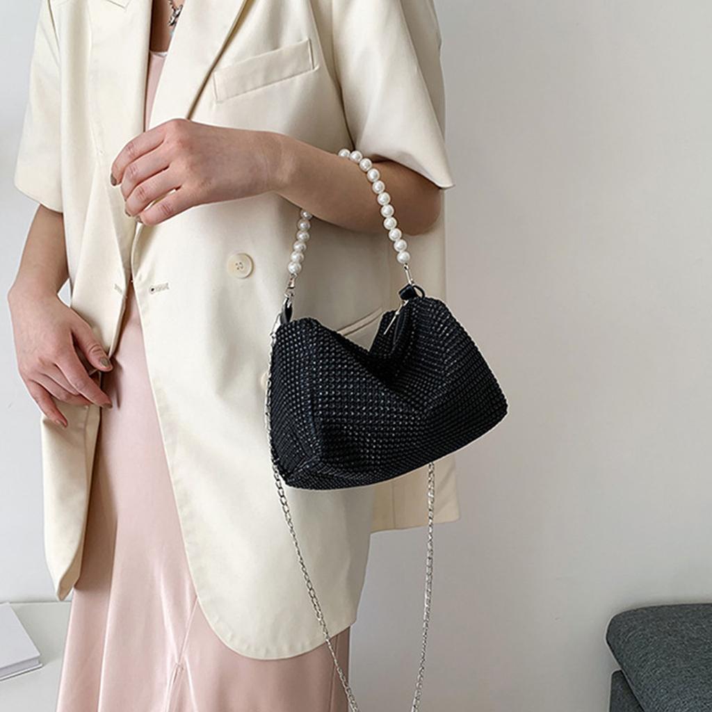 Beautiful for Rhinestone Handbag Shoulder Bag Underarm Bag Pearl Chain Shoulder Handbag Crossbody Bag for Travel