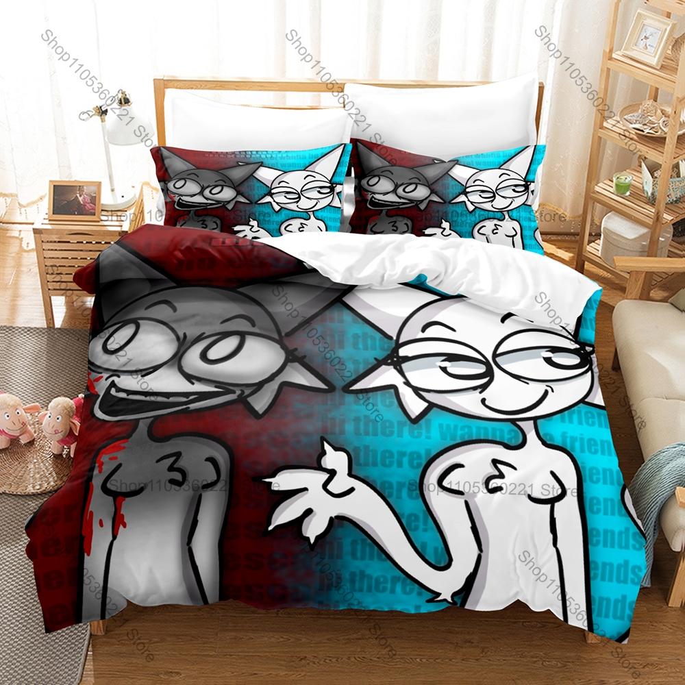 S-Sprunki 3PCS Bedding Set, Duvet Cover + 2 Pillowcases, Colorful Music Game Print Soft Microfiber for Gamers Fans Decor