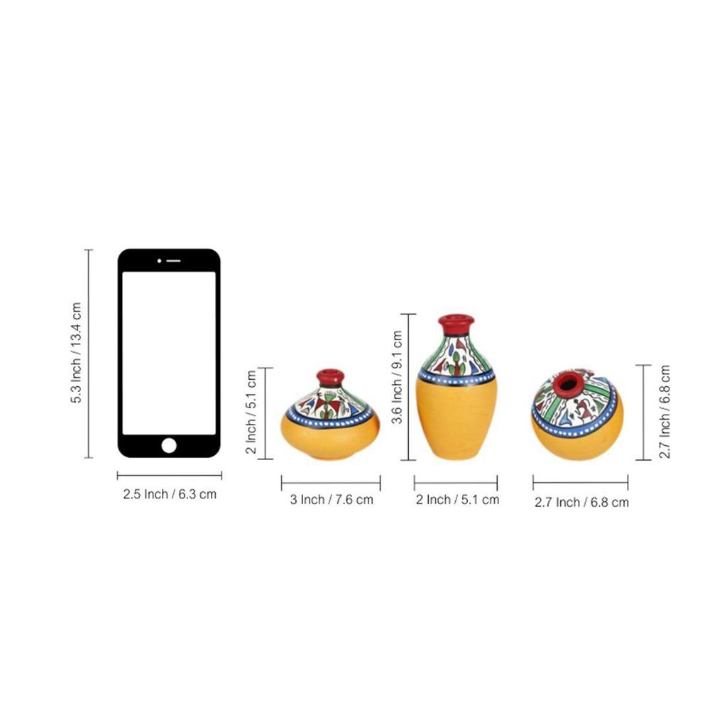 'Warli Handpainted' Decorative Terracotta Pots Vases For Living Room & Home Decoration (Set of 3, Yellow) |