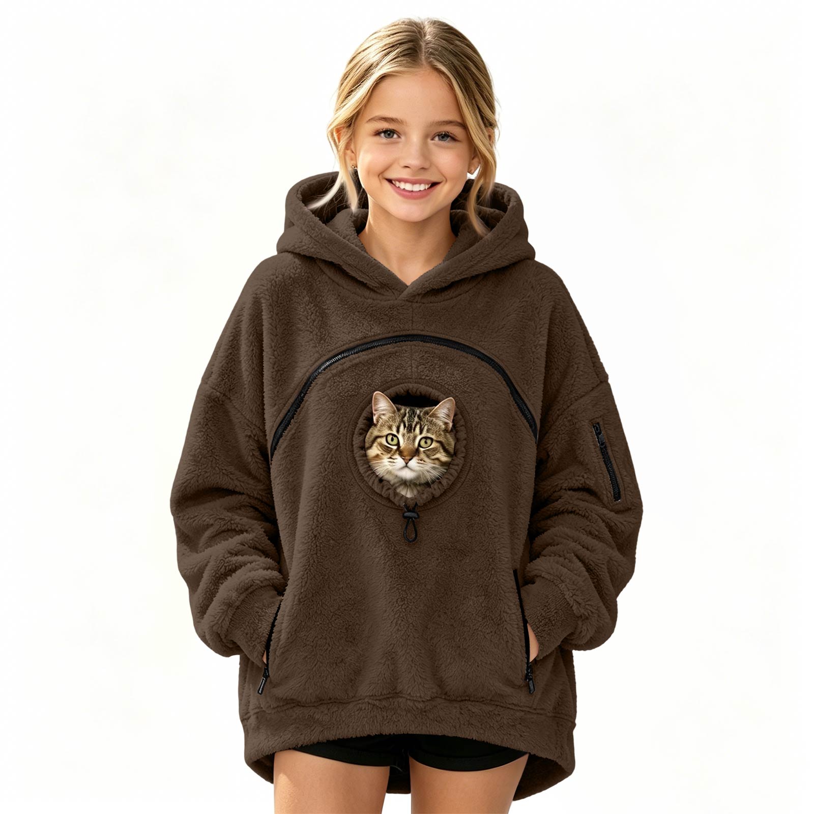 Kinder Mode Hoodie mit Haustier-Tasche für Jungen und Mädchen Lässige Alltagskleidung 160 kaffeebraun