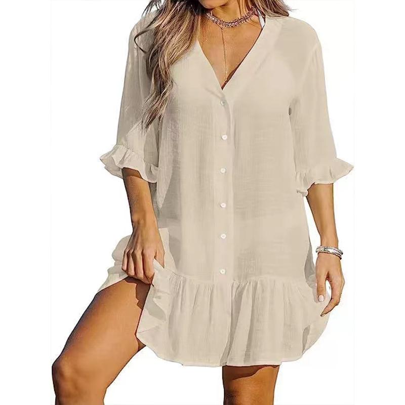 Rochie lejeră simplă cu decolteu în V rochie cu mânecă lungă