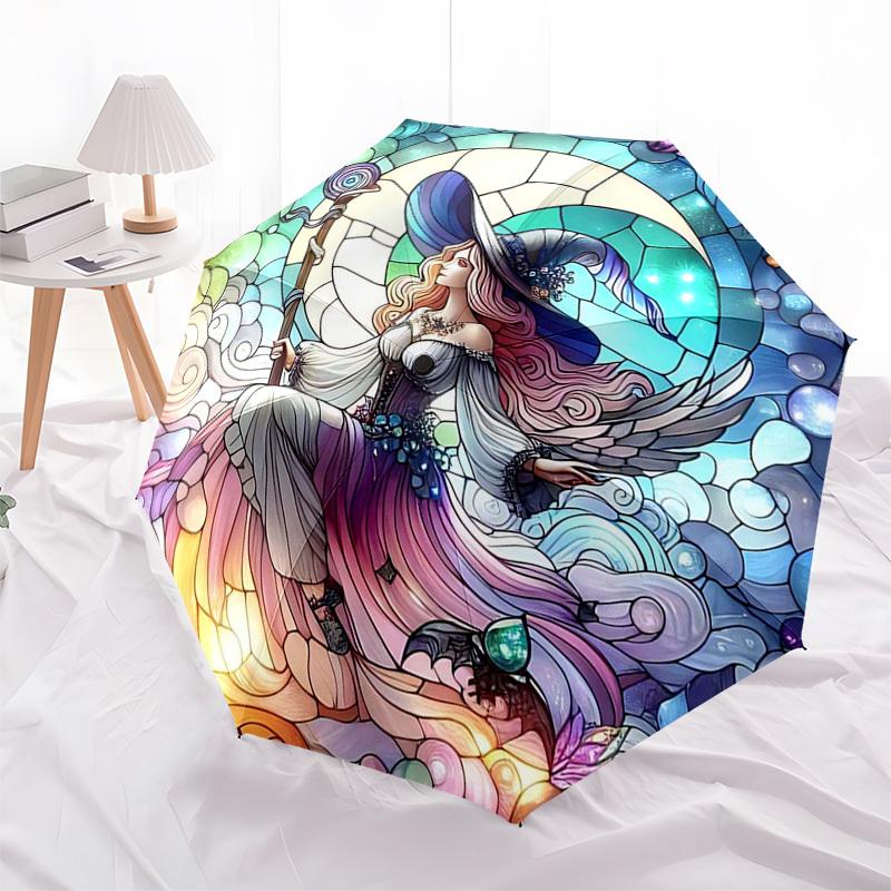 1pc Stained Glass Witch Design Automatic Opening/Closing Umbrella - Portable Tri-Fold Design with 8-Bone Iron Frame, Outdoor, Festive Gift for Fans, T
