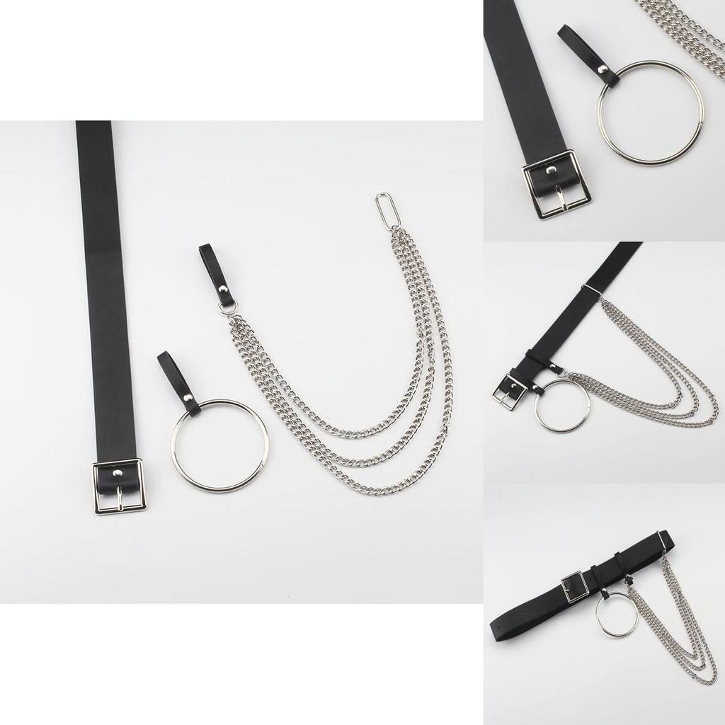 Fashionable Black Women Waist Belt With Circular Ring And Chain Tassel For Adult Street Style