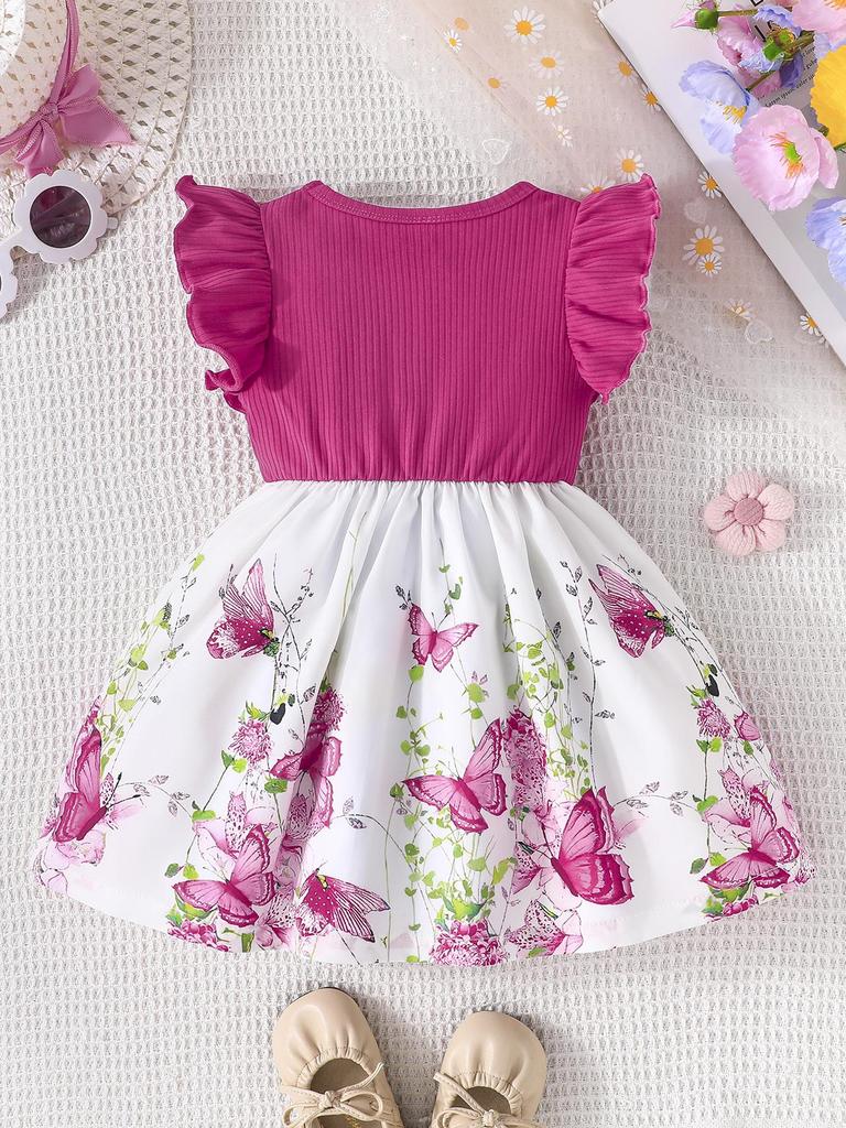 Infant Toddler Girl Floral Butterfly Dress, Ruffle Sleeve Bow Accent Dress, Casual Summer Outfit 6-36M