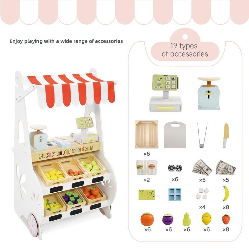 Mobile Fruit Portable Stall Wooden Playset For Toddlers Imaginative Play Role