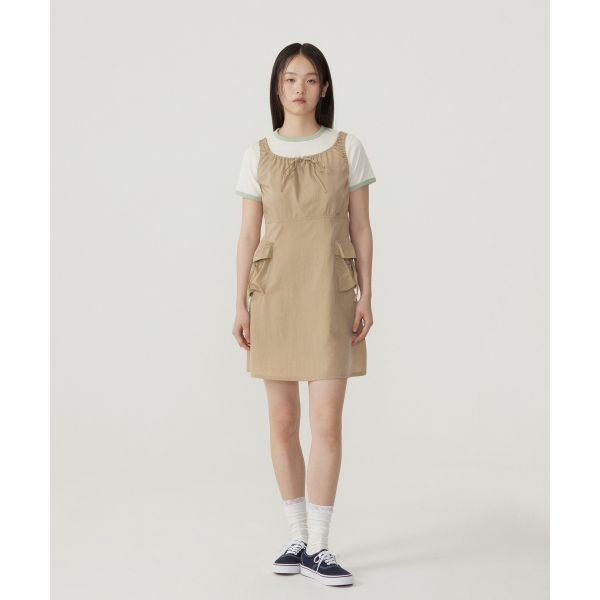 Covernat Early Autumn Pleated Solid Color Casual Simple Large Pocket Sleeveless Dress Women dress Beige CO2502OP74BE