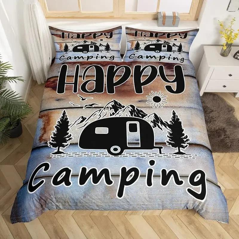 Happy Camping Bedding Set Camper Car Duvet Cover King Queen Microfiber Smoky Mountain Wood Print Quilt Cover Set For Girls Boys