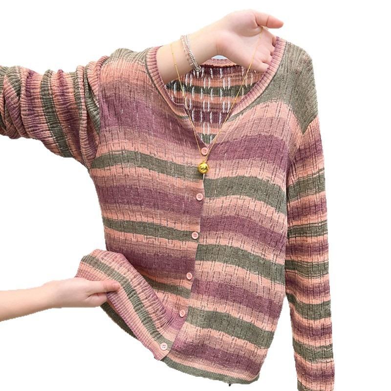 Autumn and Winter Rainbow Striped Long-sleeved Knitted Cardigan Sweater Jacket Top