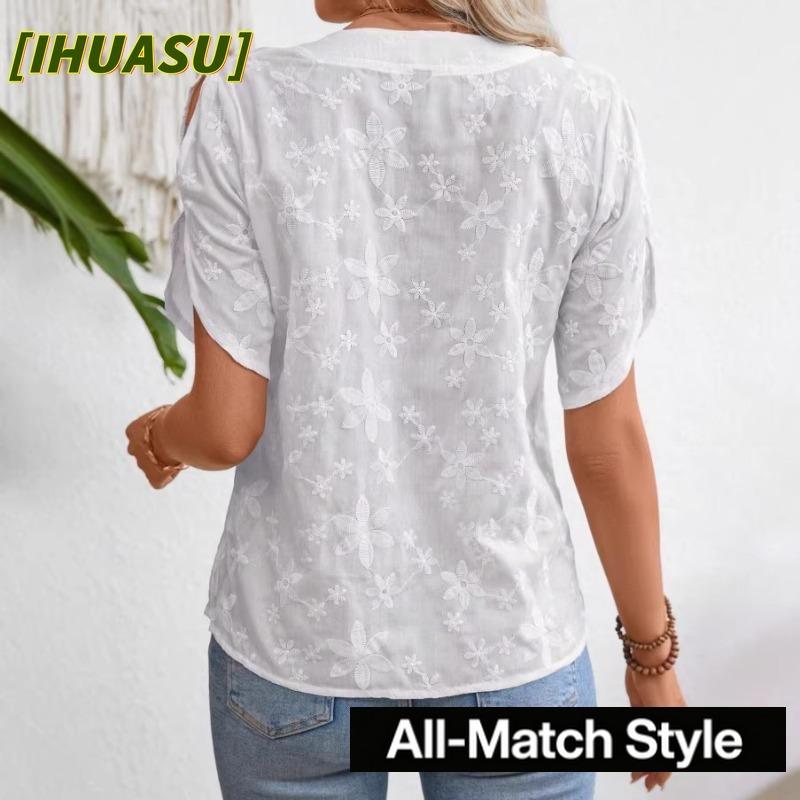 IHUASU Women's Fashion Casual Solid Color Print V-Neck Short Sleeve Blouses & Shirts