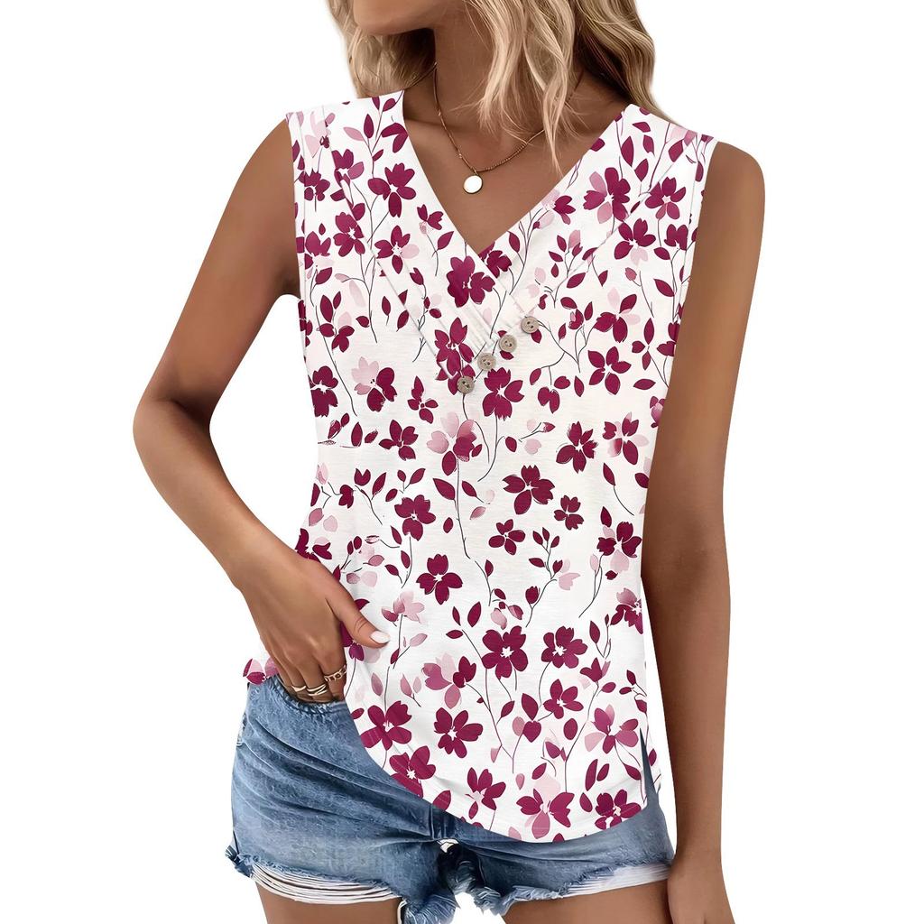 Women's Print Tank Top Button-down V-neck T-shirt Sleeveless Loose Fashion Top