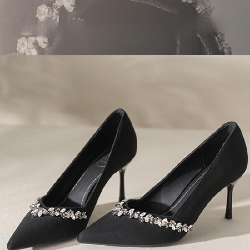 Women's Thin Heel Shoes Autumn New Pointed Head Shallow Mouth Crystal Anti-slip Wear-resistant Slip-on High Heels