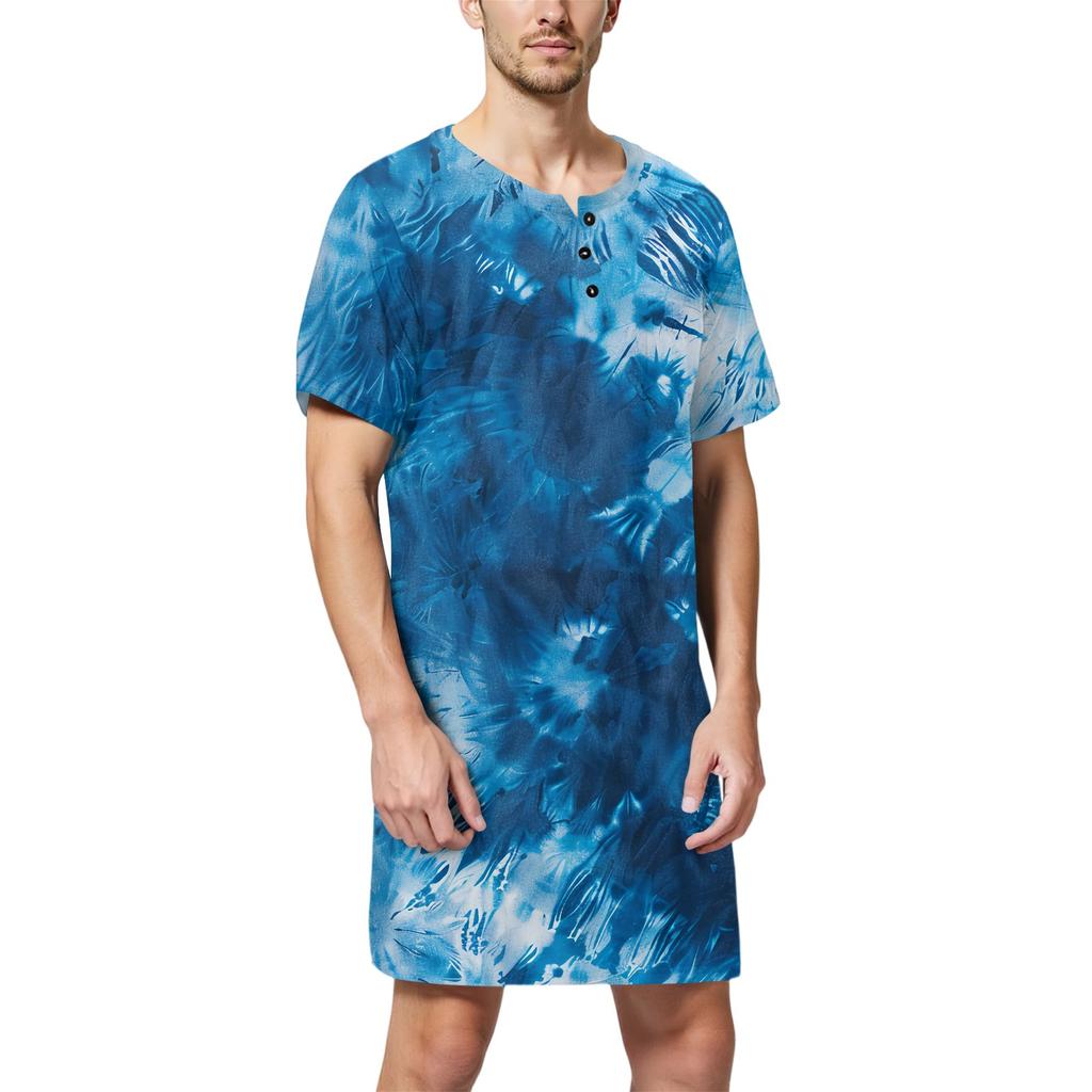 Ανδρικές πιτζάμες μόδας από βαμβάκι με κοντό μανίκι και γιακά με κουμπιά, μακριά, χαλαρά ρούχα για το σπίτι