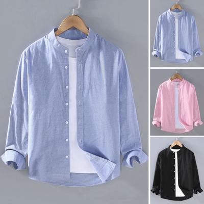 Men Spring Shirt Single-breasted Stand Collar Cardigan Long Sleeevs Loose Plus Size Mid Length Men Fall Top
