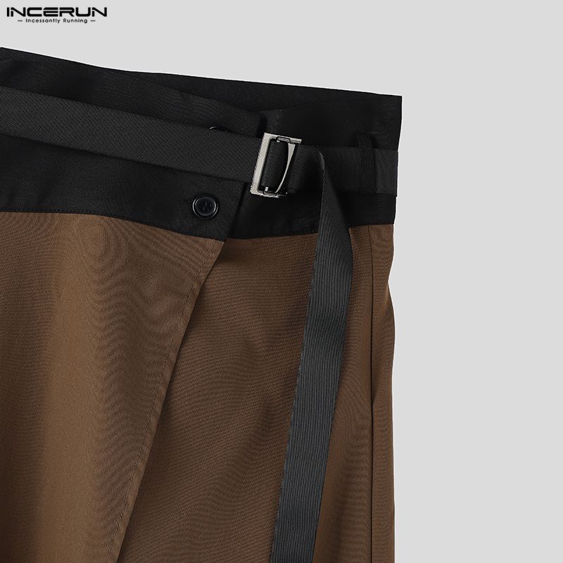 INCERUN Men Women Patchwork High Waist Belt Casual Ruffled Pleated Skirts