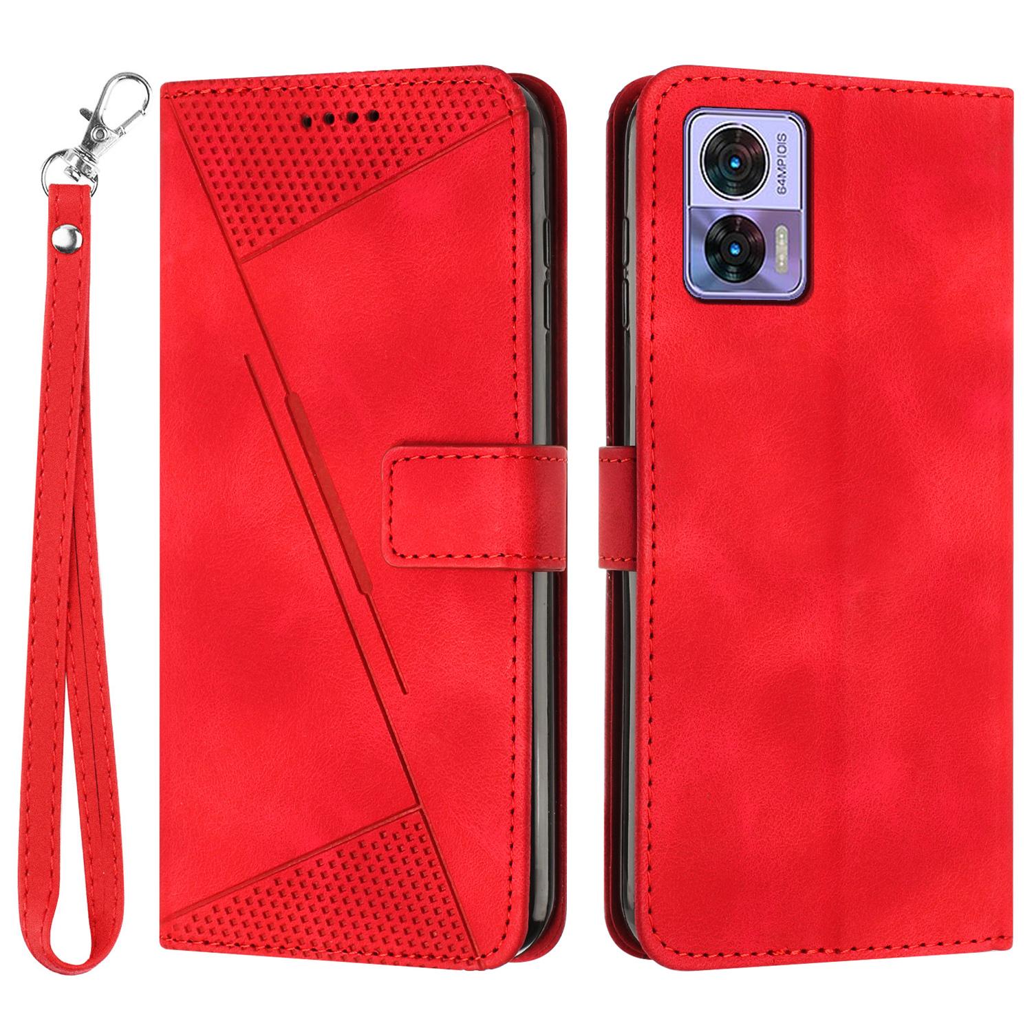 

For Motorola Edge 30 Neo 5G Triangle Imprinted Cover Leather Cell Phone Wallet Stand Fall Proof Case with Strap Red