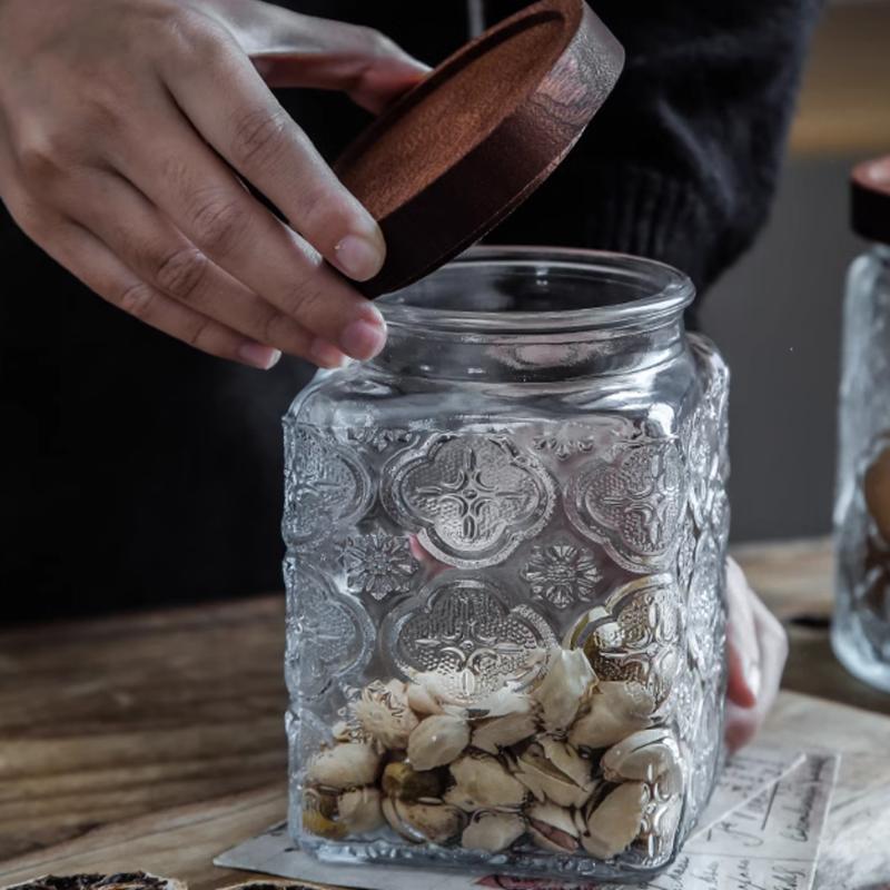 Wooden Covered Relief Glass Container Storage Bottle, Food Storage Container, Coffee Beans, Nuts, Sealed Storage Jar, Candle Jar