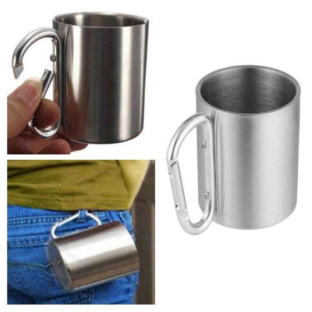 220ml Stainless Steel Cup Camping Traveling Outdoor Cup Double Wall Mug with Carabiner Hook Handle