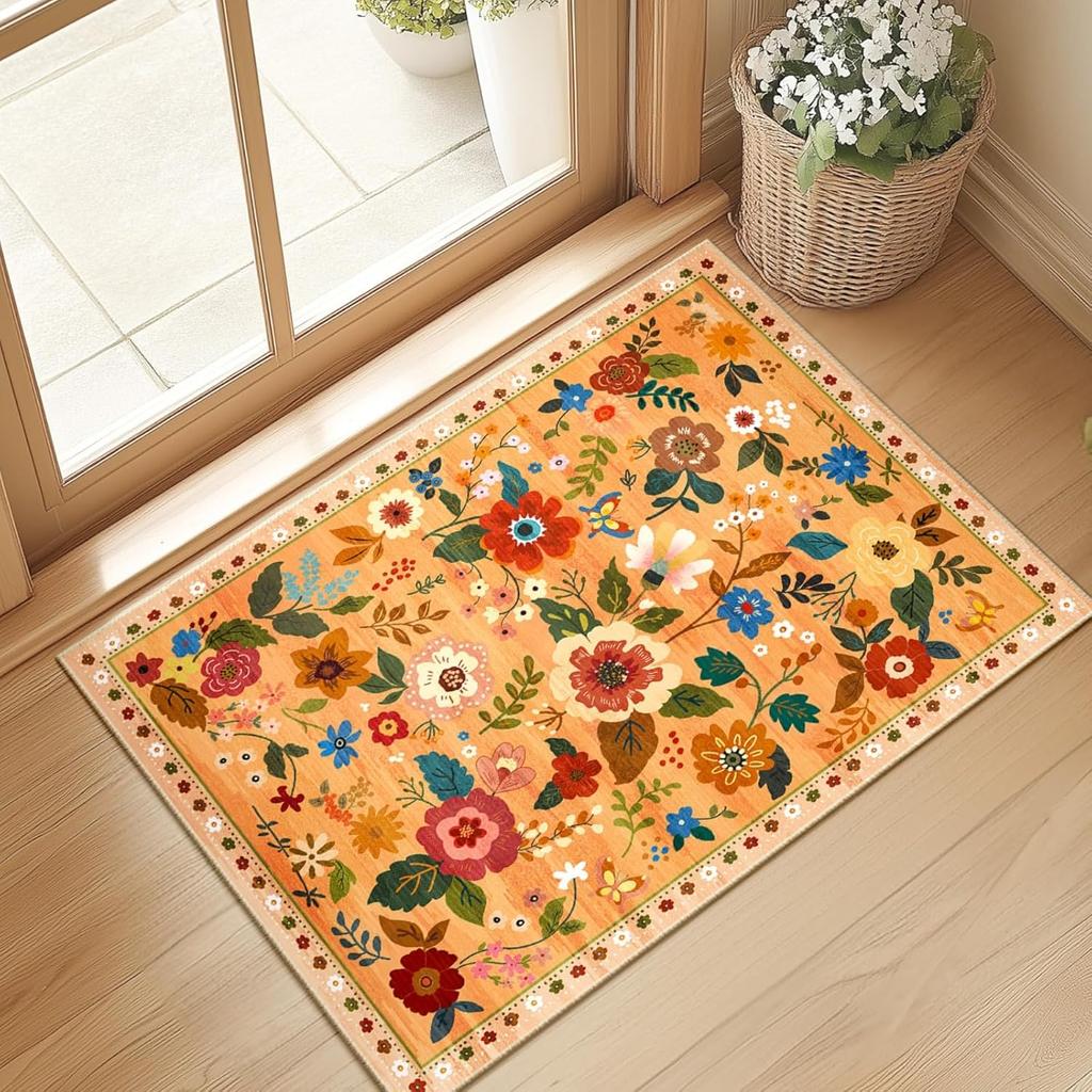 Crystal velvet carpetFloral  Area Rug Machine Washable Soft Print Boho Carpet Non Slip Doormat Low Pile Flower Area Rugs for