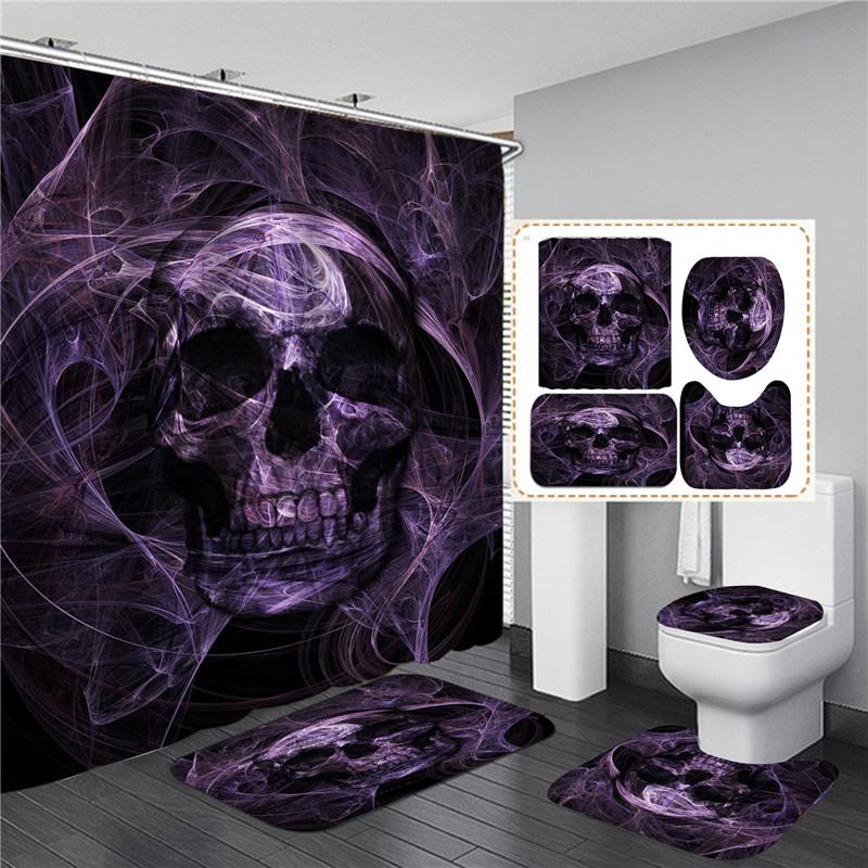 Black Skull Skeleton Printed Shower Curtain Set Horrible Halloween Festival Bathroom Curtain Sets Decor Pedestal Rug Lid Carpet