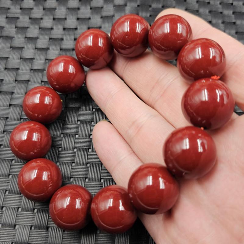 Cinnabar Jade & Purple Gold Sand 10mm Bead Unisex Bracelet in Chicken Blood Red. 6mm Round Bead Bracelet, 28 beads